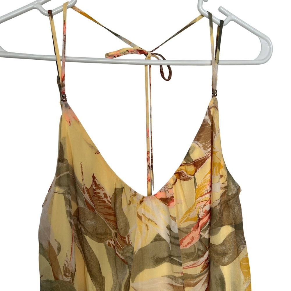 WHBM Womens Size 8 Slip Mini Dress Yellow Green Floral Leaf Tropical Boho Resort - Picture 2 of 13